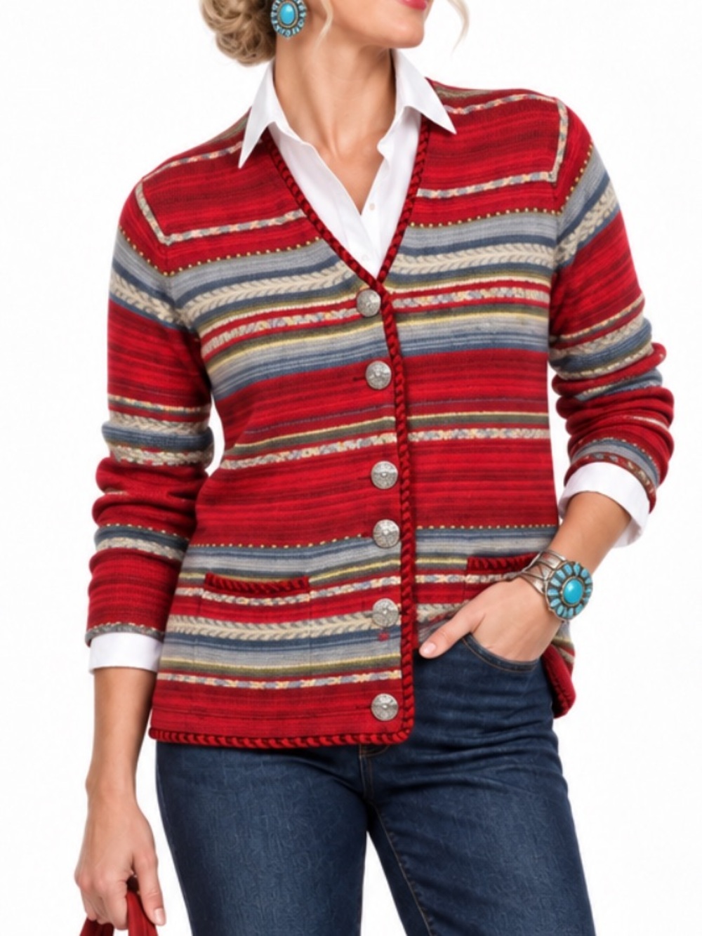 Rare Vintage 90s Talbots Fair Isle Southwestern Button Down Cardigan Sweater SM